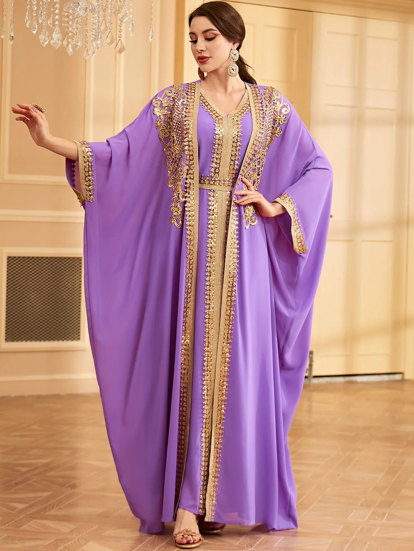 Ramadan Sequins Dubai Abayas Arab Tunics Batwing Sleeve Dresses For Women Gala Two pieces Moroccan Elegant Kebaya