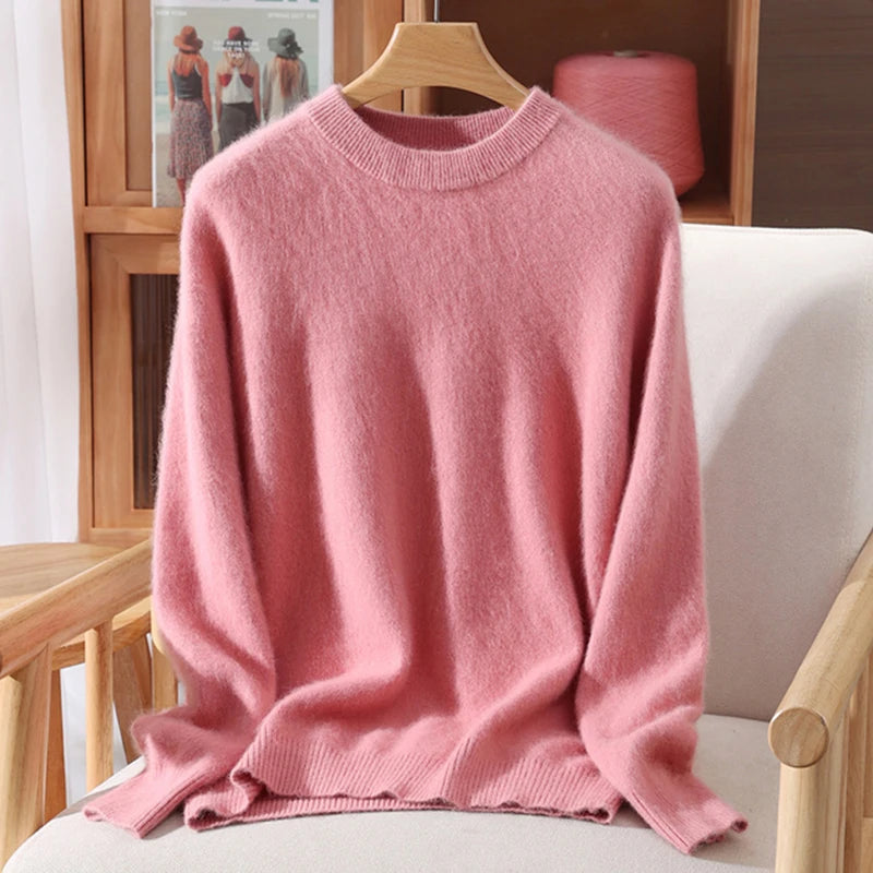 Women's Round-neck Mink Cashmere Sweater Soft Pullover Jumper Comfortable Knitted Top for Autumn Winter Pure Mink Material