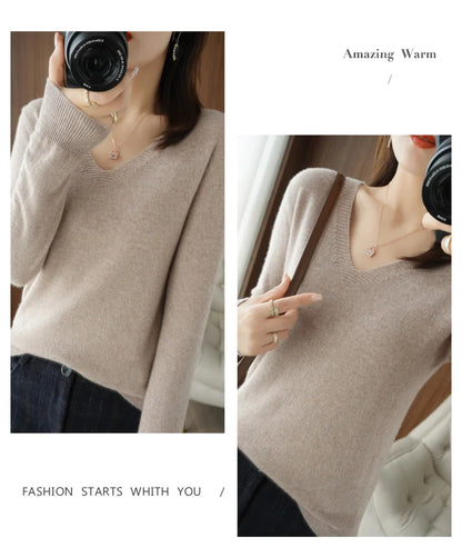 Neue Kaschmir frauen V-ausschnitt Pullover Spitze Neck Aushöhlen Design Beiläufige Gestrickte Lange Hülse frauen Pullover Herbst Und winter