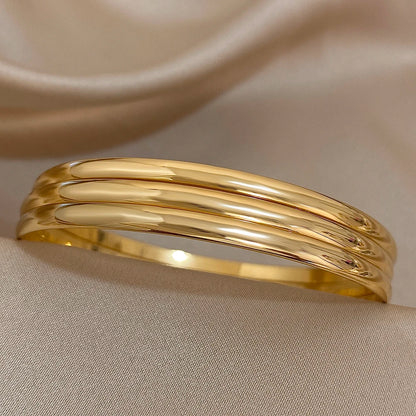 3pcs Glossy 18K Gold Plated Stainless Steel Bangle Bracelet for Women Minimalist Basic Wristband Bangles Waterproof Jewelry.