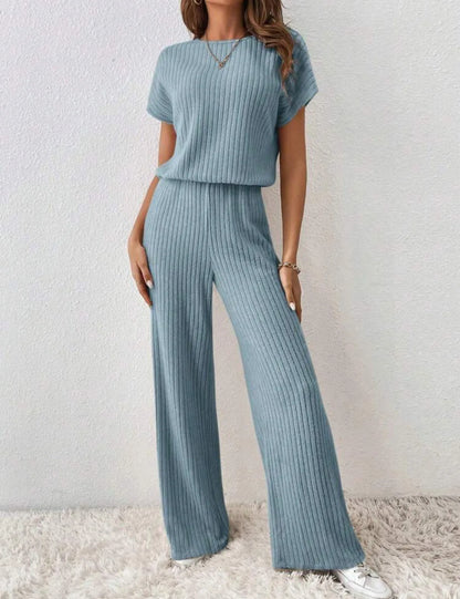 Two Piece Pant Sets Women Straight Pants Tops Pullover Short Sleeve Round Neck Spliced Top Solid Casual Streetwear Summer