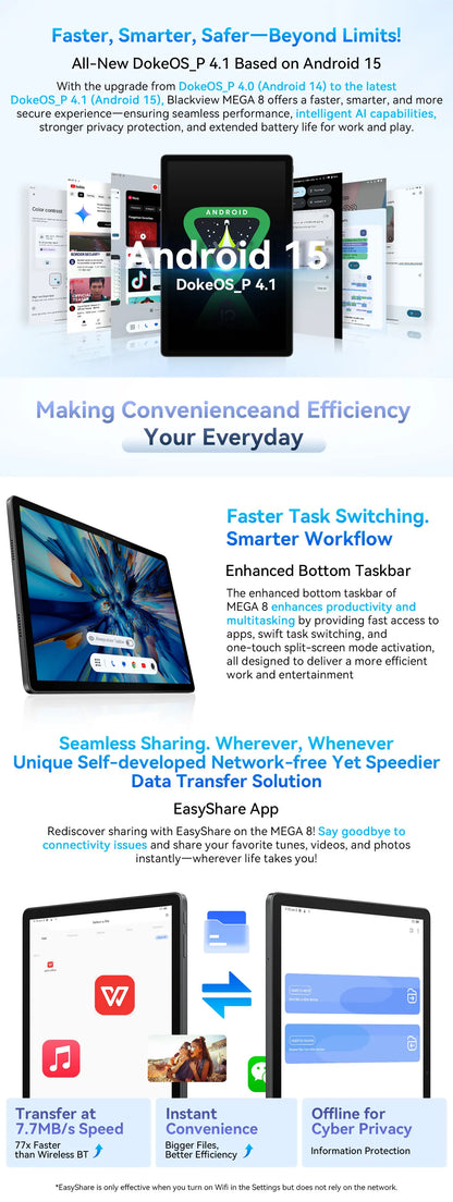 Blackview MEGA 8 Tablet 13‘’ 2K FHD Display, Octa Core T620 Android 15, 12GB RAM, 512GB ROM, 50MP + 13MP Camera, 11000 mAh