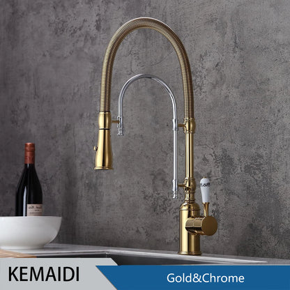 KEMAIDI Golden Spring Pull Down Kitchen Sink Faucet Hot & Cold Mixer Crane Tap with Dual Spout Deck Mounted Hot Cold Faucets