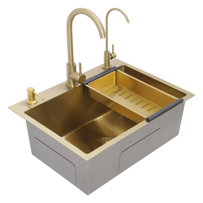 Gold Drop-in-Küchenspüle, 23,62 x 17,72 Zoll, Einzelschüssel-Arbeitsplatte oder eingebettetes Küchenspülen-Set aus Edelstahl, 7,87 Zoll Tiefe
