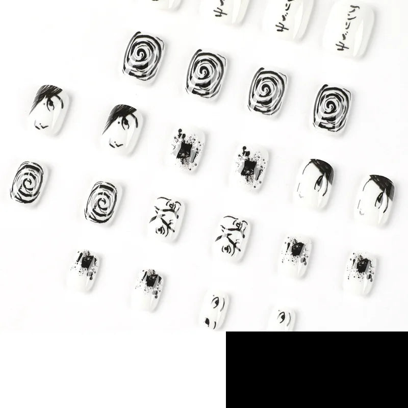 Y2K Black White Hand Drawn Comic Design Wearable Mini Short Fake Nails Full Cover Finished False Nails Press on Nails with Glue.
