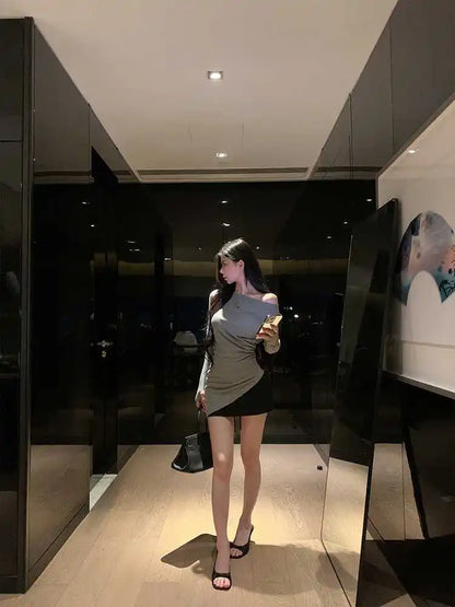 Sexy Long Sleeve T-Shirt Shoulder Bared Waist Cinched Slim Fit Knitted Cotton Solid Color Casual Urban Style for Early Autumn