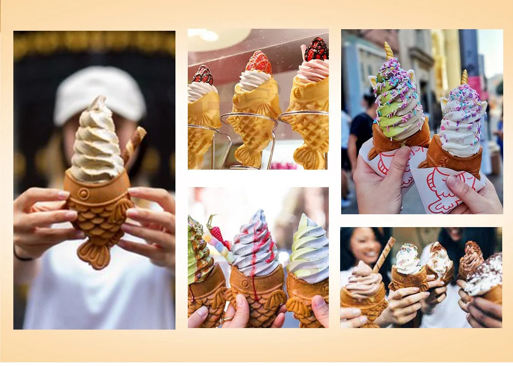 ITOP Taiyaki Waffle Maker 2 Fishes Commercial Ice Cream Taiyaki Pan Making Machine Waffle Cone Baking 2000W Muffin Pancake Snack.