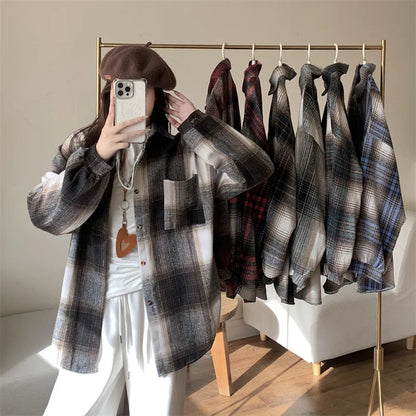 Zjaiss Women Thick Woolen Plaid Blouse Loose Long Sleeved Tops 2025 Autumn Winter New Casual Shirt Long Shirts.