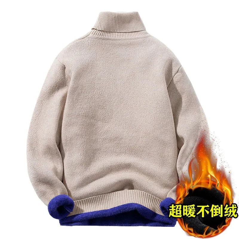 Men's Fleece High Collar Sweater Winter Thickened Solid Color Knitwear Cold-proof Warm Casual Pullover Bottoming Shirt 5XL.