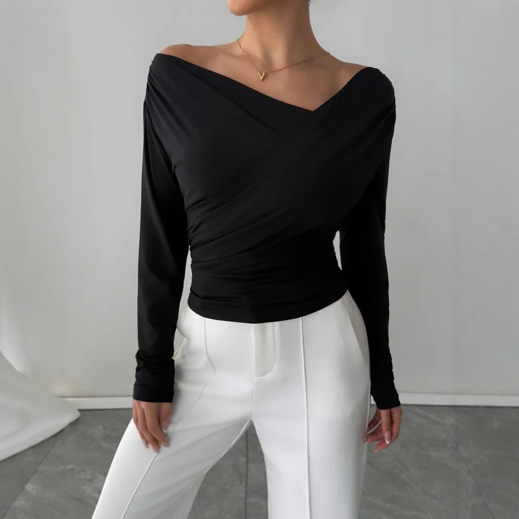 2025 Autumn Winter 2025 Solid-color Fashion Tops for Women Long Sleeve Blouses One-shoulder Collar Slimming Shirts Office Lady.