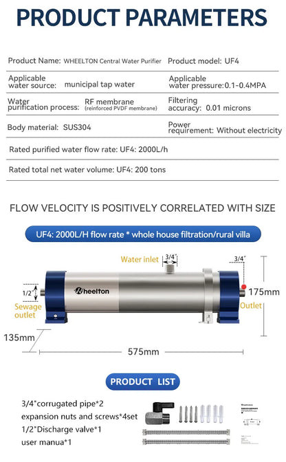 Wheelton whole house high flow water filter purifier 1000L-3000L SUS304 mineral water filter Reusable 0.01um PVDF for 5 years