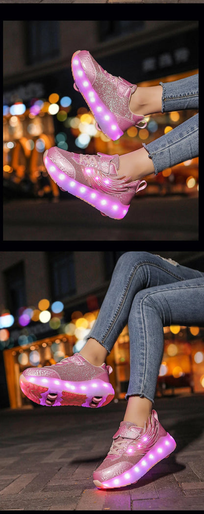 Boys Girls Roller Shoes LED Light Up USB Charging Children Roller Skate Casual Skateboarding Shoes Sports Shoes Kids Sneakers