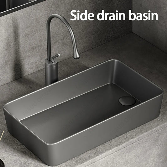 Rechteckiges silbergraues Porzellan-Keramikgefäßwaschbecken über der Theke, Toilette, Badezimmer-Schminktisch, Waschbecken, glasiertes weißes Waschbecken