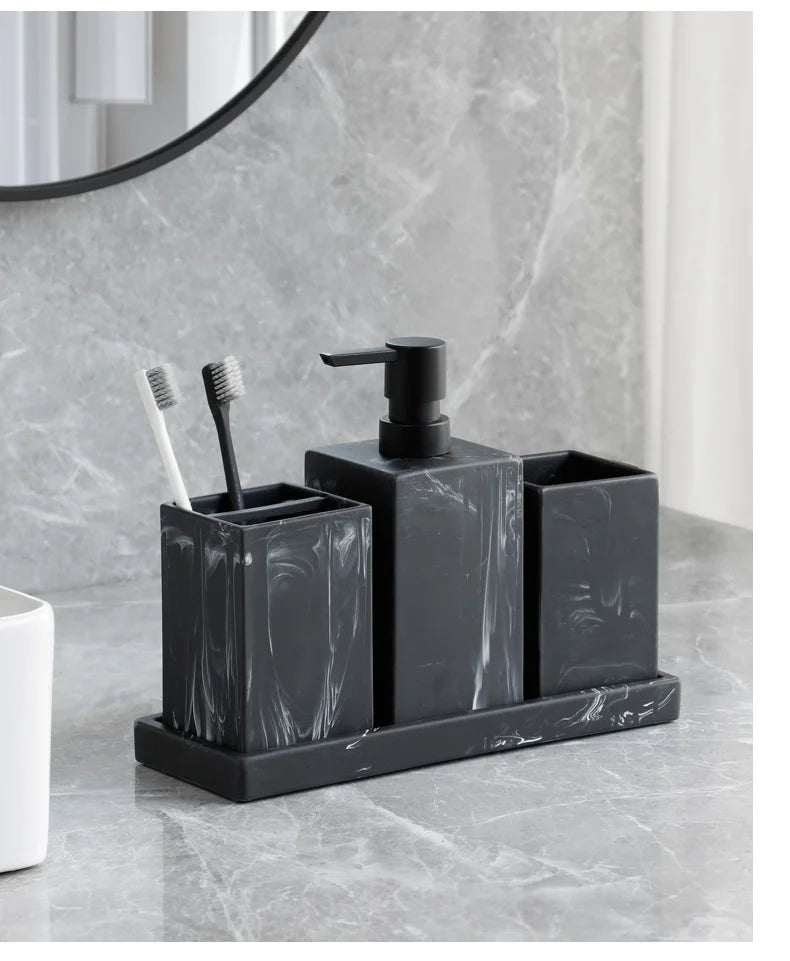 Bathroom Accessories Complete Marble Pattern Lotion Soap Dispenser,Toothbrush Holder,Tumbler,Tray Resin material Black white.