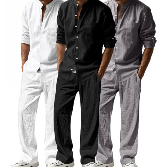Long Sleeve Shirt Sets Mens Casual Linen 2Pcs Suit Lightweight Long Sleeve Shirt Loose Drawstring Trousers Casual Streetwear Set.