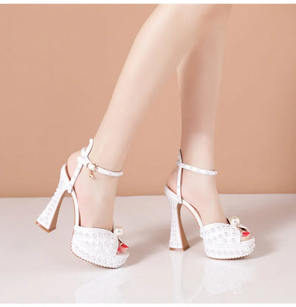 Summer Beaded Thick Heeled Women Gladiator Sandals Luxury Pearls Platform Wedges 14cm High heels Fashion Wedding Banquet Shoes.