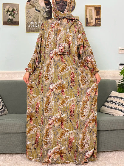 Muslim Cotton Abayas For Women Traditional Floral Ramadan Prayer Garment African Caftan Marocain Femme Robe Connected Headscarf