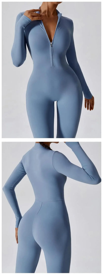 Fall New Long Sleeve Zipper Tight Butt Show Fitness Pants Women Running Sports Training Yoga Clothes Black One-Piece Suit.