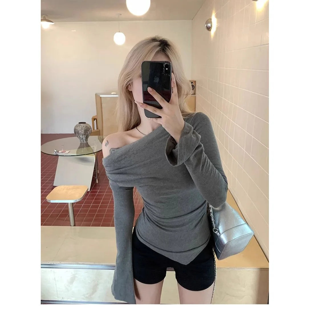 Spring Autumn Long Sleeve One Shoulder Short T Shirt Women Slim Fit Clavicle Irregular Design Unique Style Top Sweet Fresh.