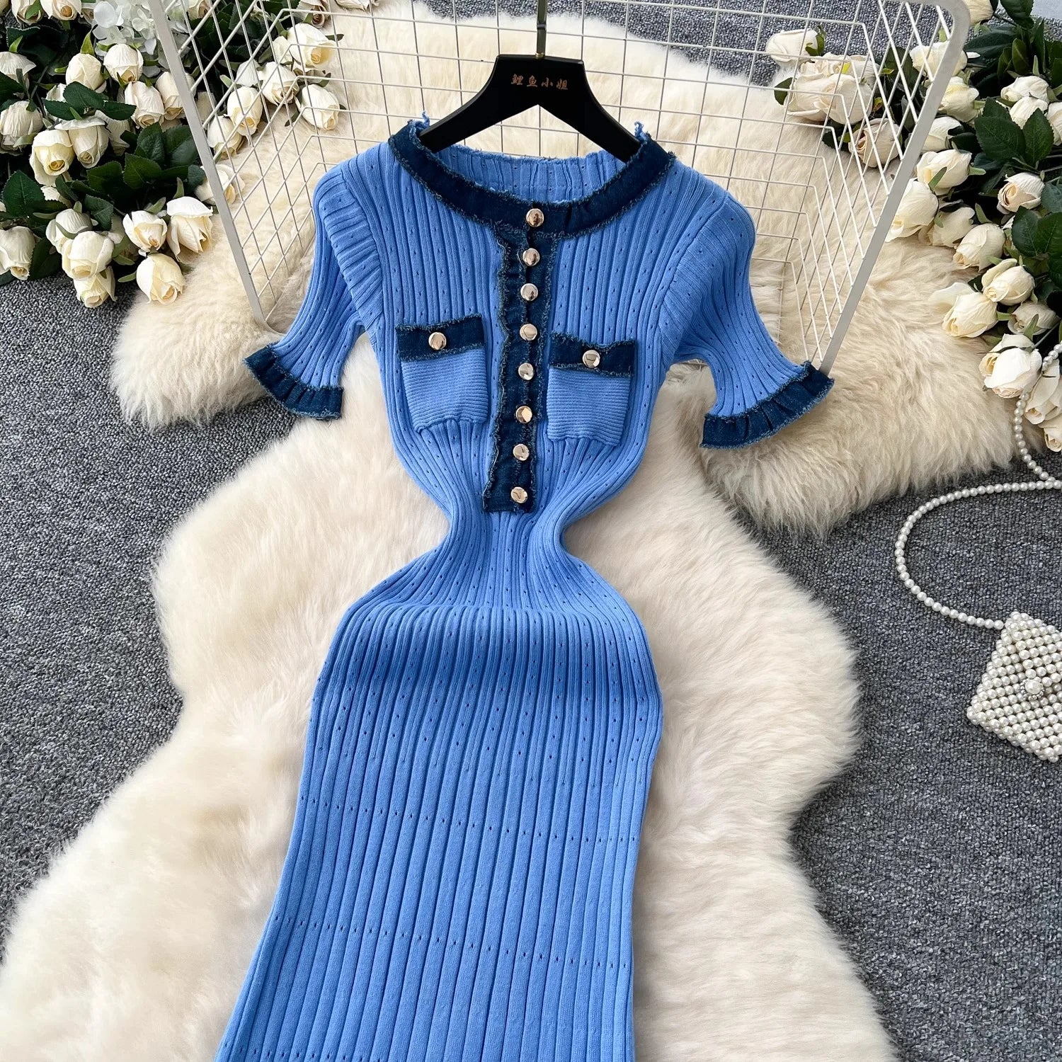 YuooMuoo Chic Mode Sexy Pakete Gestrickte Maxi Kleid Frühling Sommer Vintage Denim Patchwork Lange Pullover Kleid Dame Vestidos.