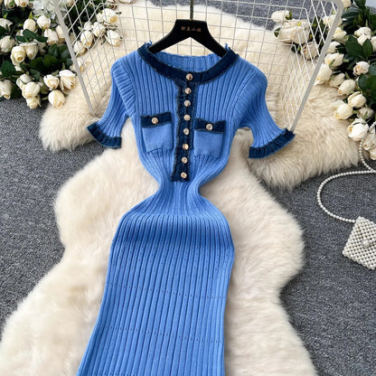 YuooMuoo Chic Mode Sexy Pakete Gestrickte Maxi Kleid Frühling Sommer Vintage Denim Patchwork Lange Pullover Kleid Dame Vestidos.