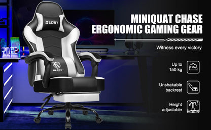 Daccormax Ergonomischer Gaming-Stuhl mit verstellbarer Lordosenstütze und Kopfstütze, Design mit hoher Rückenlehne + faltbarer Fußstütze für PC-Gamer