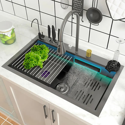 New Stainless Steel Kitchen Sink with Waterfall  Large Single Slot Various Multifunctional Sinks Dish and Vegetable Wash Basin