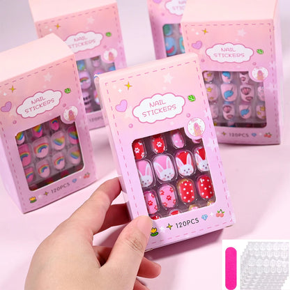 120Pcs Children's Press on Nails Kids Cartoon Acrylic Fake Nails Tips Kawaii Girl Full Cover Short False Nails With Jelly Glue#@.