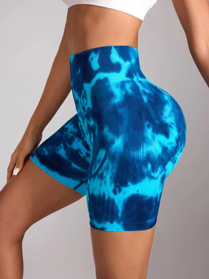 Tie Dye Push Up Butt Yoga Shorts Seamless High Waist For Women High Stretchy Knitting Fashion Gym Cycling Pants.