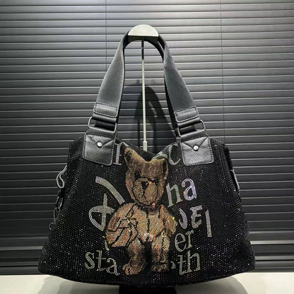 Ladies' fashionable diamond jewelry cute teddy bear handbag, large capacity, personalized, elegant, shiny shoulder bag.