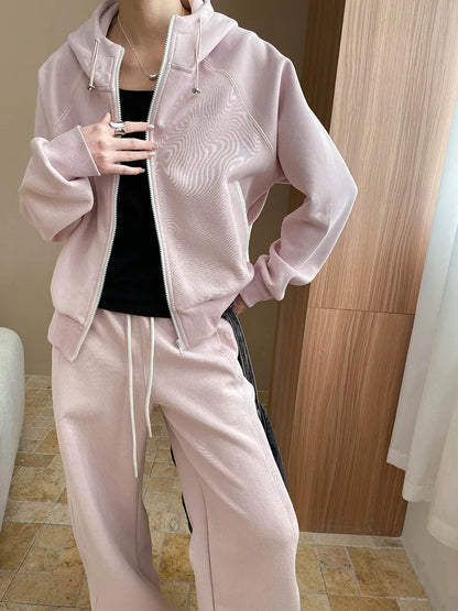 Spring and Autumn Women's Casual Solid Color Loose Hooded Sweatshirt+High Waist Loose Pants Set.