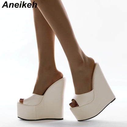 Aneikeh 2025 Fashion Peep Toe Wedges Heel Outside Women Slippers Concise PU Platform Slip On Summer Beach Mules Apricot 35-42.