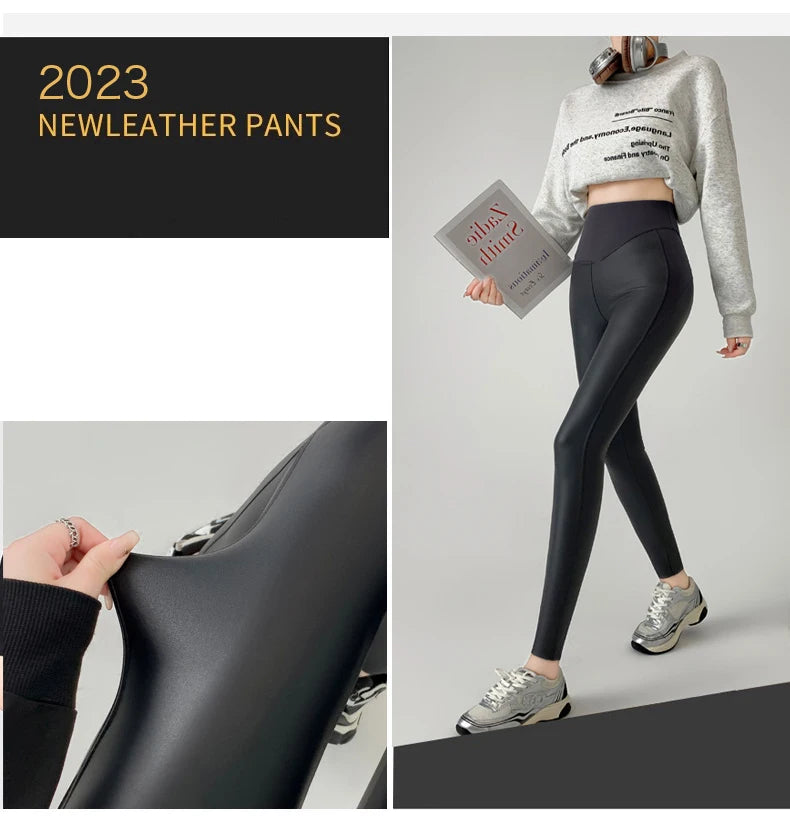 BIVIGAOS Herbst Neue Enge Stretch Leder Hosen Frauen Sharkskin Hohe Taille Spleißen PU Leder Fleece Sexy Leggings Winter Warm.