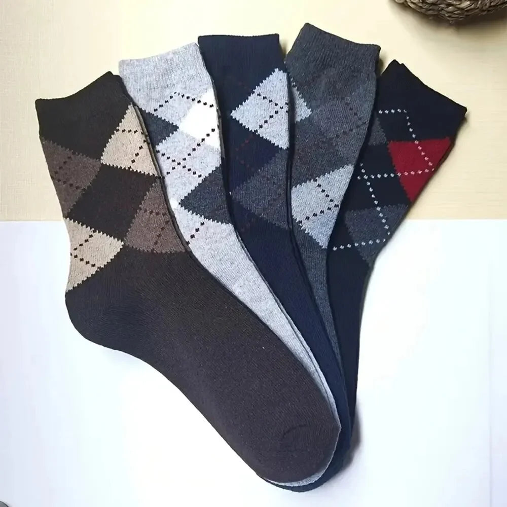 5 Pairs Men's Splicing Diamond Patterns Wool Socks Warm Winter Mid Length Socks Thickening Soft Cold-resistant Men Boots Socks.