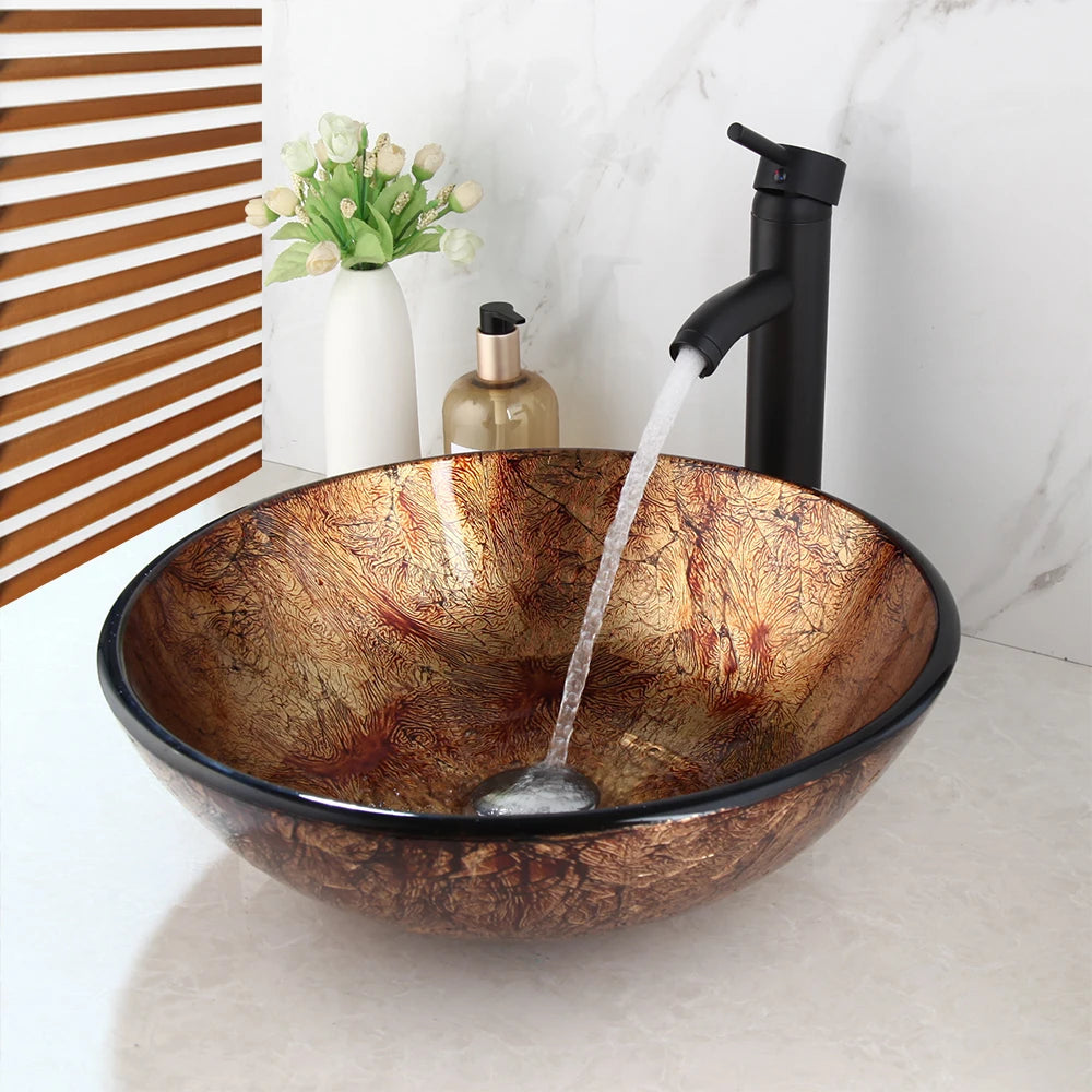 KEMAIDI Waschbecken mit Wasserhahn-Abfluss-Kombination aus gehärtetem Glas, 43,2 cm rundes Waschbecken, braunes Badezimmer-Schüsselwaschbecken über dem Waschbecken