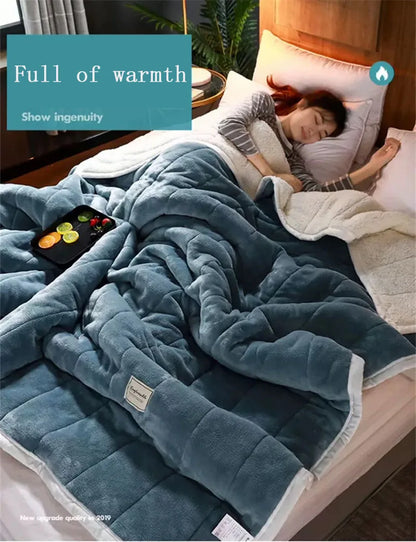 Coral Fleece Autumn Winter Warm Blankets for Bed 3 Layers Thicken Flannel Blanket Quilt Soft Comfortable Warmth Quilts Washable.