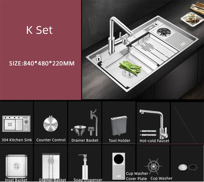 Large Size Nano Meter Cup Rinser Stepped Kitchen Sink 304 Stainless Steel 4mm Thickness Handmade Sinks With Knife Holder