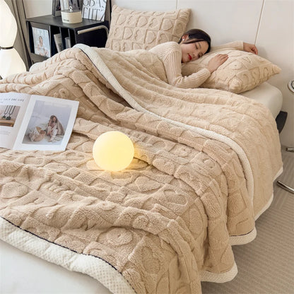 Heart Pattern Coral Fleece Blanket Autumn Winter Double Layer Thicken Warm Plush Blanket for Bed Fluffy Soft Sofa Throw Blankets