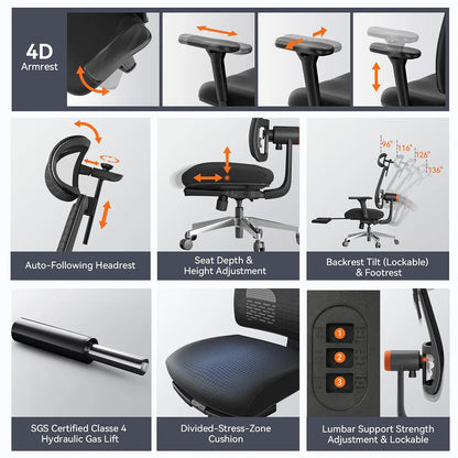 NEWTRAL MagicH-BPro Ergonomischer Stuhl mit Fußstütze, maßgeschneidert, ultimativer Komfort, automatisch ausgestellte Rückenlehne, Kopfstütze, adaptive Unterseite