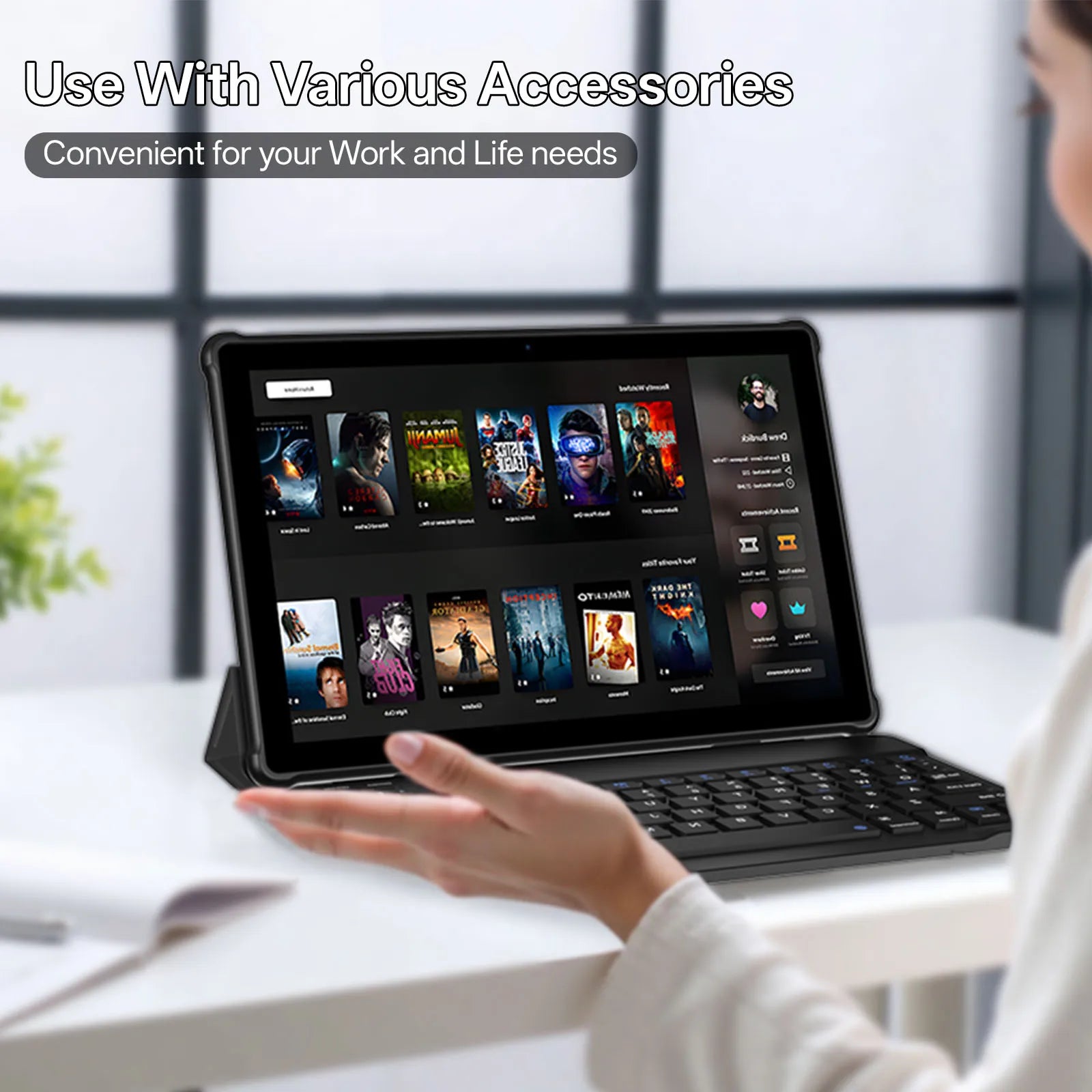 New BAKEN 10-inch Android 15 tablet with 64GB storage, keyboard, leather case, stylus, mouse, Wi-Fi, GPS, Bluetooth.