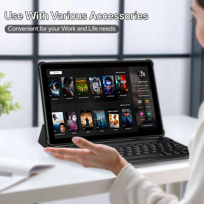 New BAKEN 10-inch Android 15 tablet with 64GB storage, keyboard, leather case, stylus, mouse, Wi-Fi, GPS, Bluetooth.