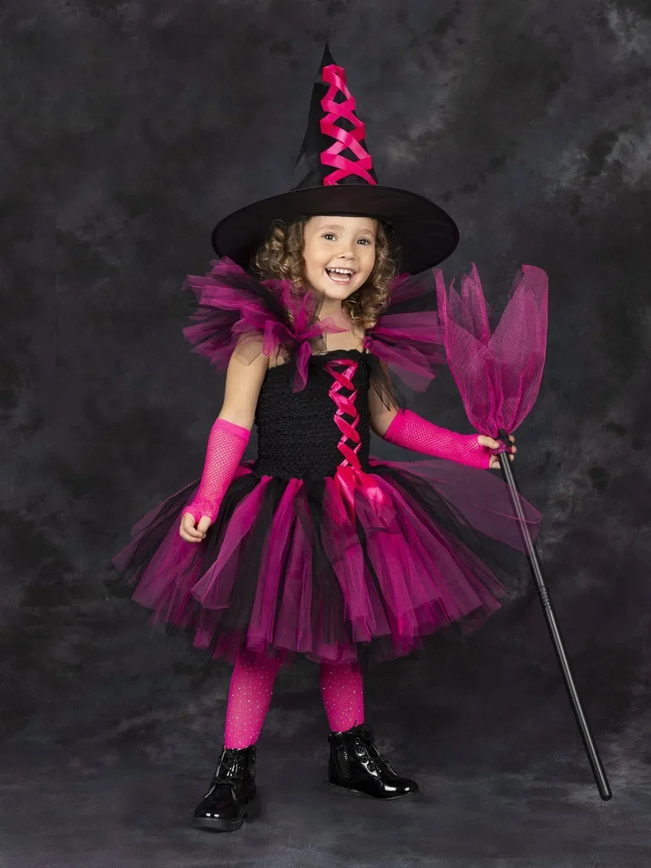 Halloween Malefice Kostüm für Kinder Karneval Party Kleidung Set Hexe böse Königin Cosplay Kostüm für Mädchen Phantasie Tüll Tutu Kleid.