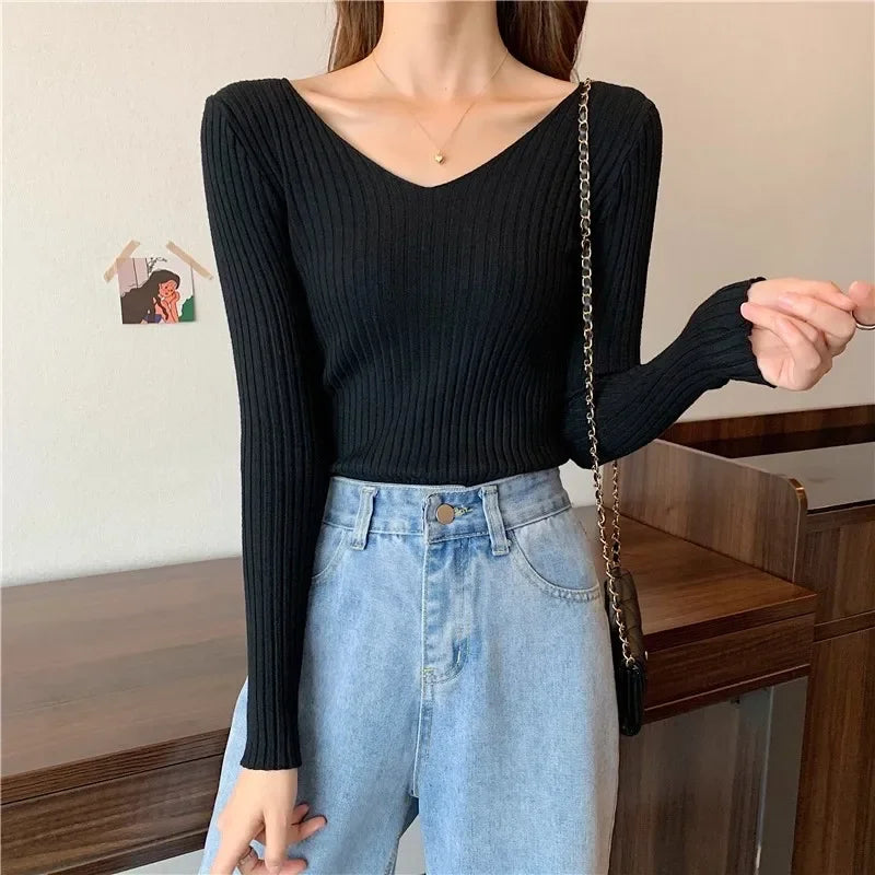2025 einfarbig Schlank Pullover Koreanische Herbst Winter V-ausschnitt Pullover Mode Lässig Langarm Gestrickte Pullover Frauen Kleidung