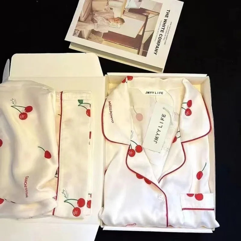 2023 frühling Herbst Neue Eis Seide 2 Stück Pyjamas für Frauen Mode Strickjacke frauen Pyjamas Süße Druck Loungewear Frauen set.