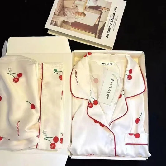 2023 frühling Herbst Neue Eis Seide 2 Stück Pyjamas für Frauen Mode Strickjacke frauen Pyjamas Süße Druck Loungewear Frauen set.