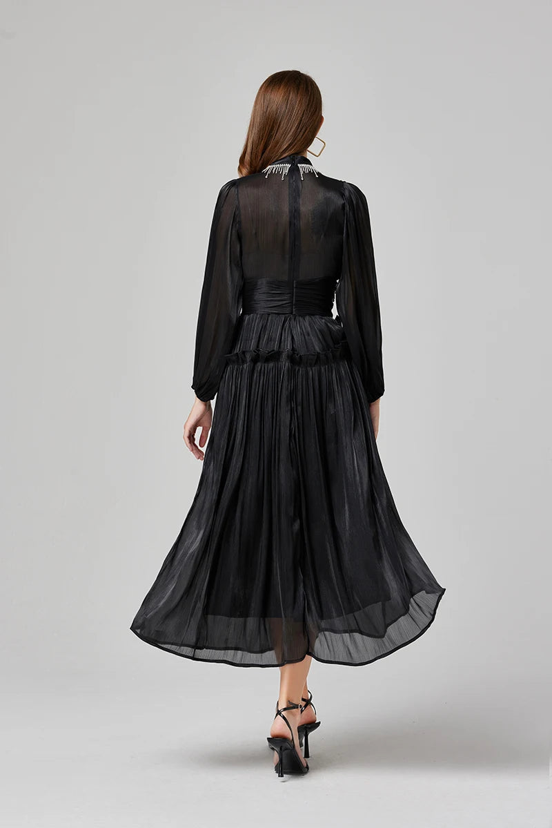 Französisch Luxus Kristall Perlen Quaste Glanz Roben Urlaub Frauen stehen Laterne Ärmel Rüschen plissiert formale Gelegenheit Ballkleid 622.