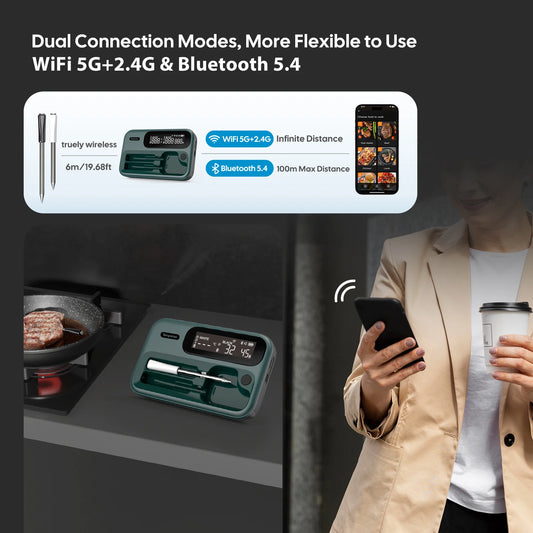 Smart Beef Meat Thermometer Wireless Bluetooth BBQ Thermometer with Long&Short Probes Precision Food Temp Gauge for Cooking.