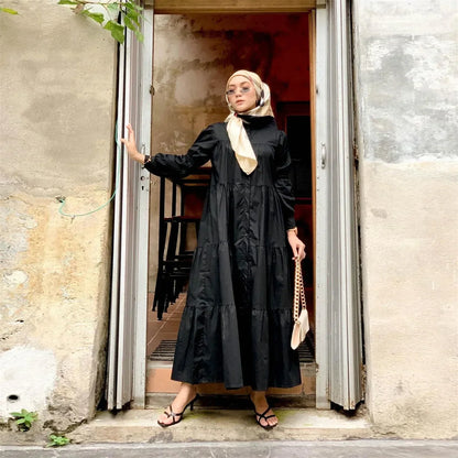 Women Muslim Long Dress Fashion Abaya Long Sleeve Solid Robe Elegant Ruffles Maxi Sundress Islamic Clothing Hijab Vestido.