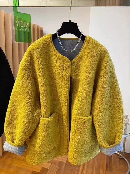 Hochwertige Lammwolljacke für Damen, lockerer warmer Samtmantel, 2025, neuer Frühling und Herbst, große Taschen, modische Oberbekleidung, M-3XL.