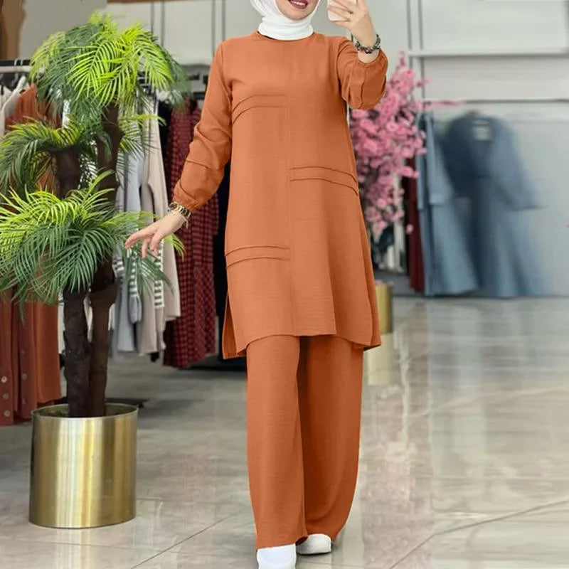 Ramadan Two Piece Sets Shirt Dress &Pants Women Muslim Suits Shirt Blouse Musulman Ensembles Moroccan Kaftan Islamic Dress Sets.